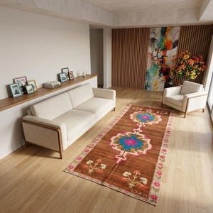 Brown Vintage Runner Rug For Long Hallway | Colorful Floral 4.5x9.5 ft | GR 898