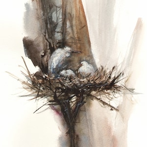 White Egret Giclée Poster Print from Original painting, Great Egret with chicks on the nest print