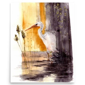 White Great Egret Golden Abstract Poster Heron Print