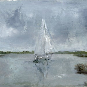 Sailboat Poster, Nordic Countryside boat Giclee,Sage grey Landscape Print