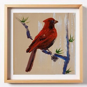 Ein männlicher Kardinalvogel 10x10cm, der männliche Kardinal auf dem Kiefernzweig, ein Originalgemälde