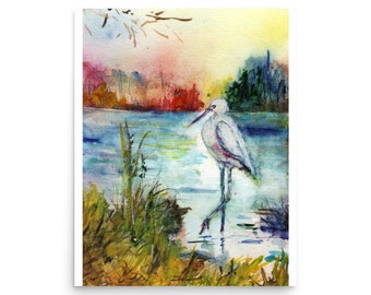 White Egret Bird on the Lake 2 Print, Egret Poster