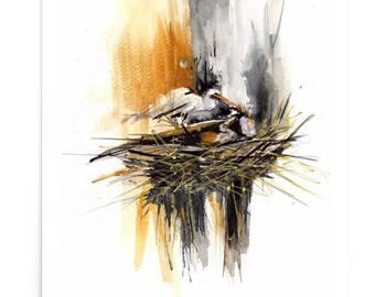 White Great Egret with chicks Golden Poster  White Egret with chicks watercolor Print Great Egret nesting Printart, Heron feeding chicks