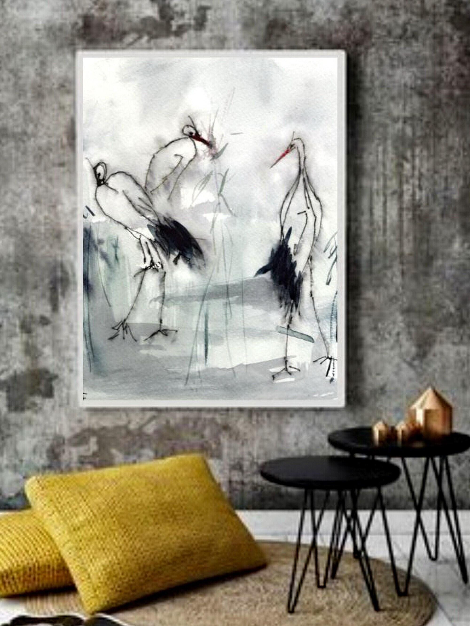 Three Grey Storks Poster, Grey Landscape, MonoGrey Poster Giclee