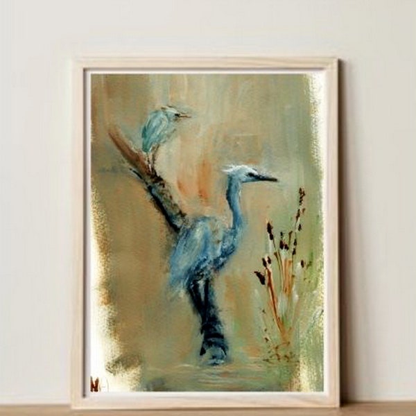 Deux aigrettes sur l'affiche de bûche, grande aigrette Artprint, blanc aigrettes oeuvre Giclée