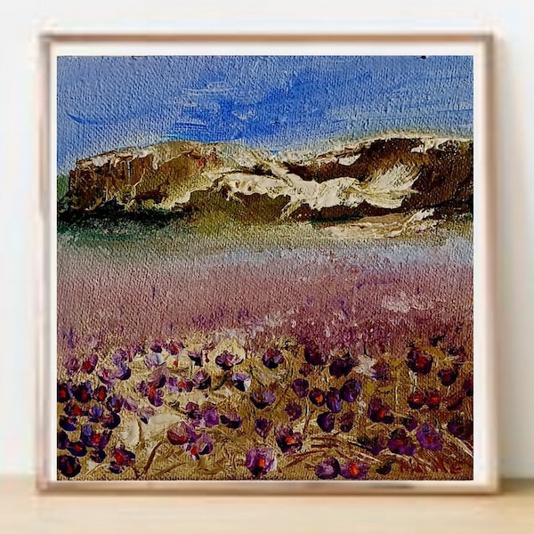 Crocus dans les Carpates, peinture originale 15 x 15 cm, peinture à l'huile champ de safrans, paysage de printemps, oeuvre d'art fleurs de printemps