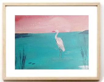 White Egret Original painting on paper 8x7.5in/20x19cm