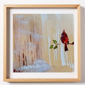 Roter Kardinal Vogel 4 Männchen 10 x 10 cm originale Malerei, Nordkardinal, Weihnachtsvogel, Kunstwerk auf Mini - Leinwand