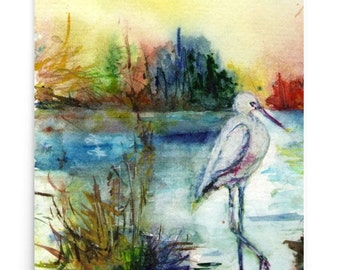 Colorful White  Egret Poster Egret Bird Watercolor Print, Autumn Riverside painting Poster,White Egret on the lake Giclée