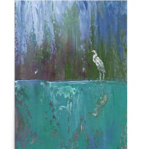 White Egret on Blue Lake Giclée Poster, Bird Art Print, Blue Purple Green Wallart