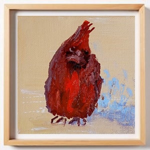 Kardinal Vogel 10 x 10 cm, Nordkardinal, Weihnachtsvogel, Originalkunstwerk auf Mini-Leinwand