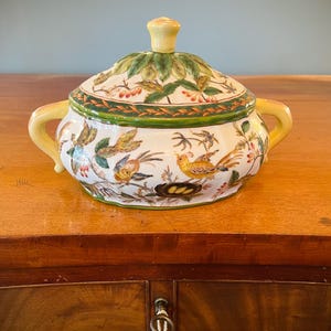 Gorgeous Designer Porcelain Lidded Casserole Dish, w Birds, Vintage by 1895 Wong Lee