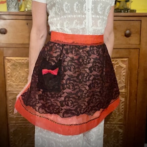 Red Organza and Black Lace Sheer Apron, Custom Made