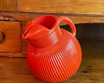 Art Deco Large Glass Tilt Ball Pitcher, Bright Orange, Painted Beverage Pitcher