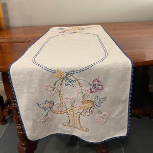 Early 1900s Linen Table Runner Hand Embroidery, Floral baskets on white