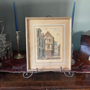 1880s Jules Leray Colored Original Etching French street Scene, &quot;Rouen Houses&quot; - Signed, Antique