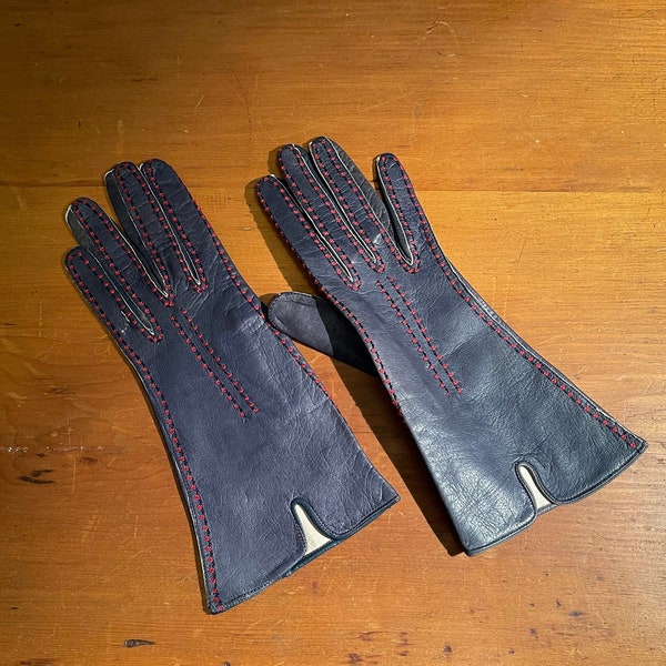 Classy 1960s Vintage navy Blue Kid leather ladies gloves, red embroidery, size 6.5