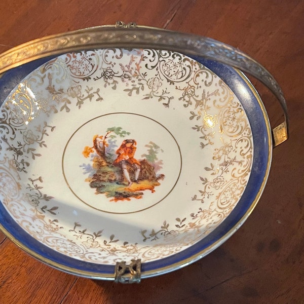 Antique Porcelain Dish in Gold Caddy, victorian dish, OP Co Syracuse, NY