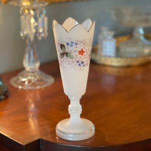Victorian Bristol Glass Vase, hand painted asian motif, 1890s, white vase