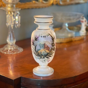 Victorian 1890s Bristol Glass Vase, hand painted Church scene, large