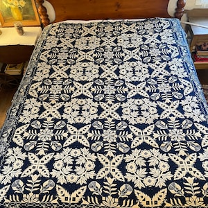 Antique Center seam Blue and White, Double-weave, Coverlet. Signed, Figured and Fancy coverlet