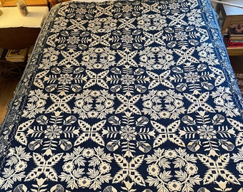 1830s Figured and Fancy Blue and White, Double-weave, Center-Seam Coverlet. Signed