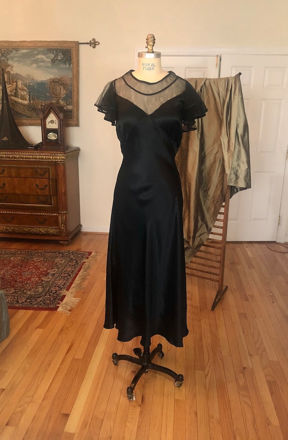 1930s Black Satin Evening Gown, antique, Glamorous