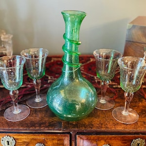 Vintage Green Hand blown glass wine carafe with 4 wine glasses, Emerald Green, handmade
