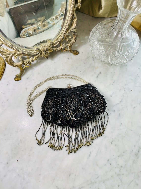 Vintage 1980s Black Velvet and Beaded Purse, bead… - image 1