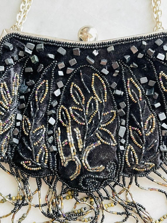 Vintage 1980s Black Velvet and Beaded Purse, bead… - image 3