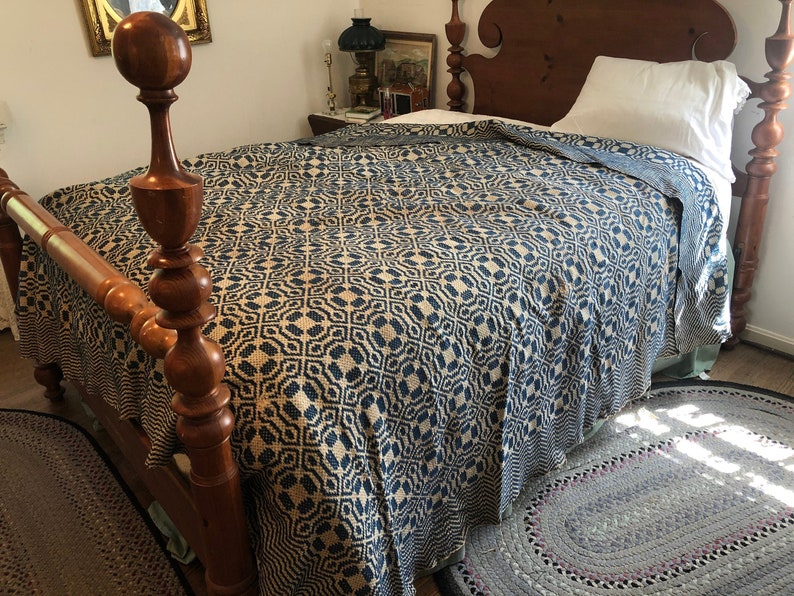 Antique Blue and White Mid 19th Century Coverlet w/ Geometric Etsy