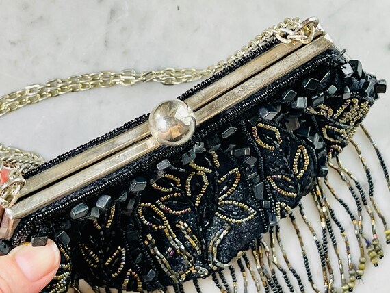 Vintage 1980s Black Velvet and Beaded Purse, bead… - image 8