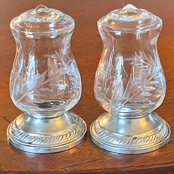 Sterling Silver Salt and Pepper Shakers, Crystal salt and pepper, by Quaker Silver Co.