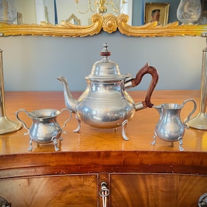 Vintage Colonial Williamsburg Pewter Coffee Set, Tea Set, by Steiff Pewter, Queen Anne Style, Coffee Pot, Tea Pot, Sugar, Creamer
