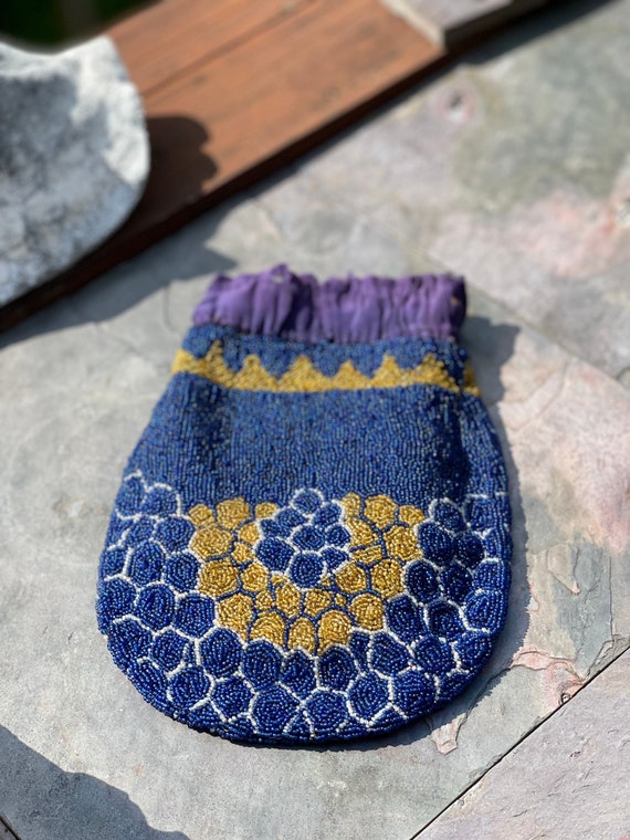 Victorian Antique Beaded Purse, pouch, Indigo blu… - image 1