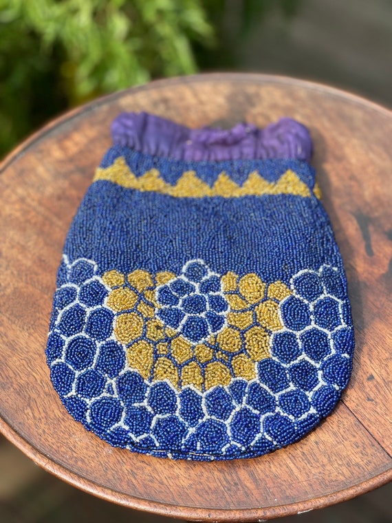Victorian Antique Beaded Purse, pouch, Indigo blu… - image 5