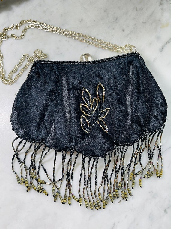 Vintage 1980s Black Velvet and Beaded Purse, bead… - image 6