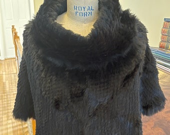 Vintage Cowl Neck Knitted Black Fur Poncho, Very soft, glamorous,