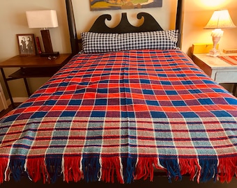 Antique Handwoven Wool Twill Coverlet: 1870s Red and Blue Plaid, 72”x87”