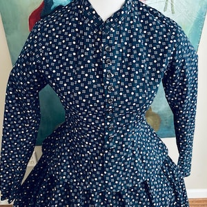 Exceptional Antique Dark Indigo Blue Two Piece Dress. Victorian Dress, Wearable Size 6-8, 1870-1880, American Country Dress, Excellent Cond.