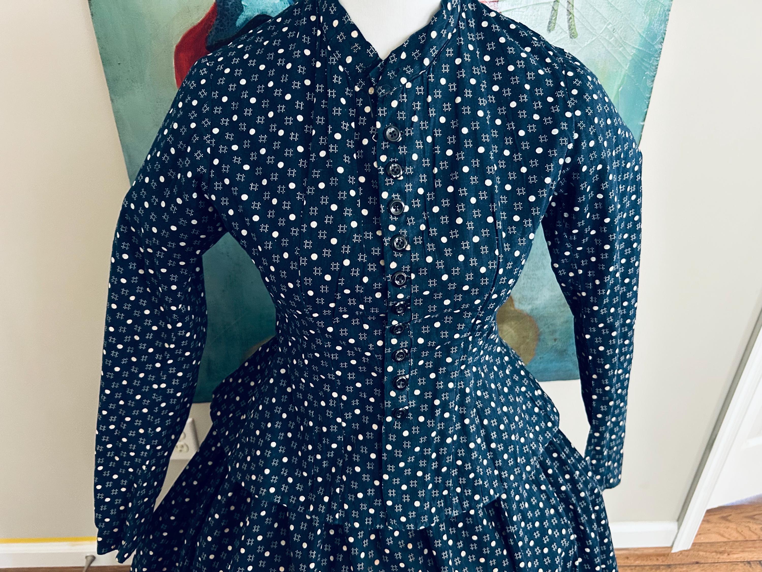 antique blue calico dress 1800’s Calico Print Cotton Prairie Dress main image 0
