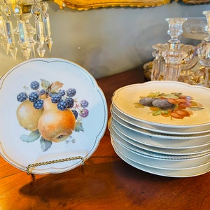 10 Antique Bavarian Dessert Plates, 1945 mark, K & A Krautheim, Fruit harvest, gold rim