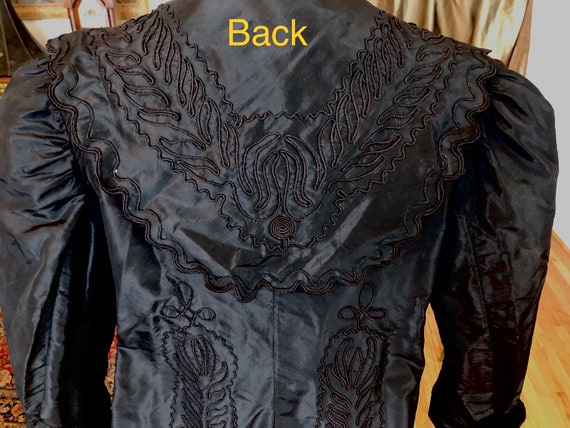 1870s Victorian Black Taffeta Coat, embroidered a… - image 3