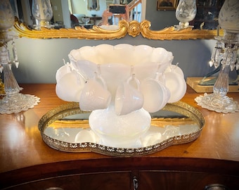 Antique Milk Glass Punch Bowl Set: Harvest Grape Design, 12 Cups