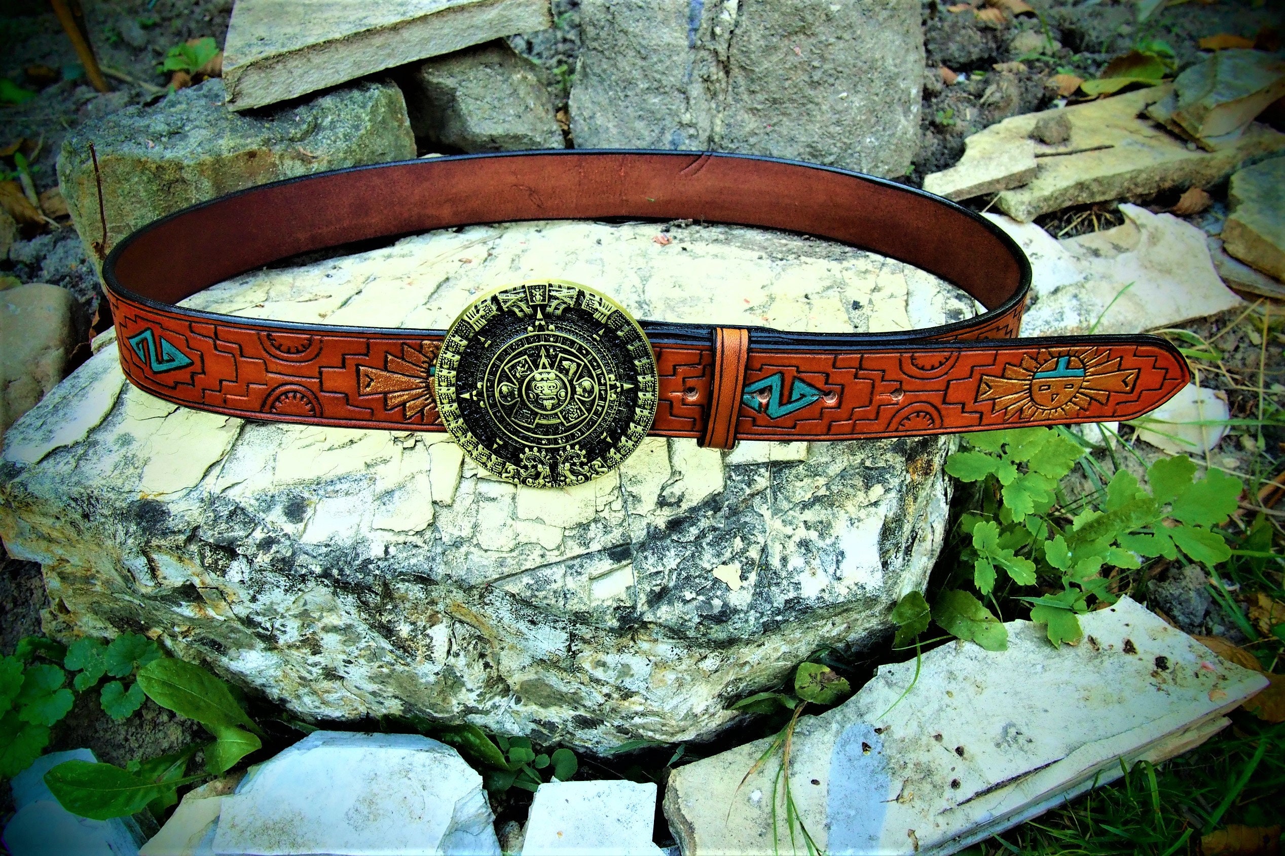 Aztec Calendar Belt, Leather Handmade Indian Belt, Aztec Design Belt - Etsy