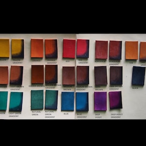 May include: A color chart showing 20 different leather dye colors, including yellow, orange, red, brown, green, blue, violet, and black. Each color is shown in a solid block and a gradient block.