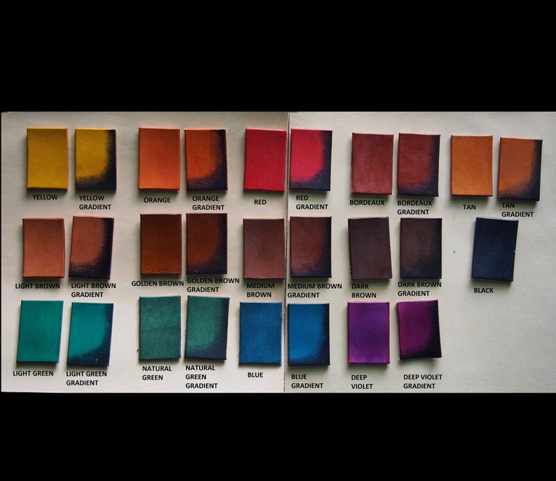 May include: A color chart showing 20 different leather dye colors, including yellow, orange, red, brown, green, blue, violet, and black. Each color is shown in a solid block and a gradient block.