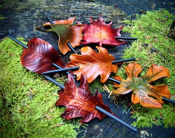 leather hair clips, leather hairpins, leather barrettes, leather leaf barrette, leaf hair clips, leaf hairpin, autumn leaf barrette,