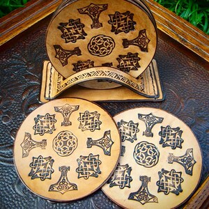 viking coasters, set of 6 viking style coasters, Norse leather coasters, viking leather coasters