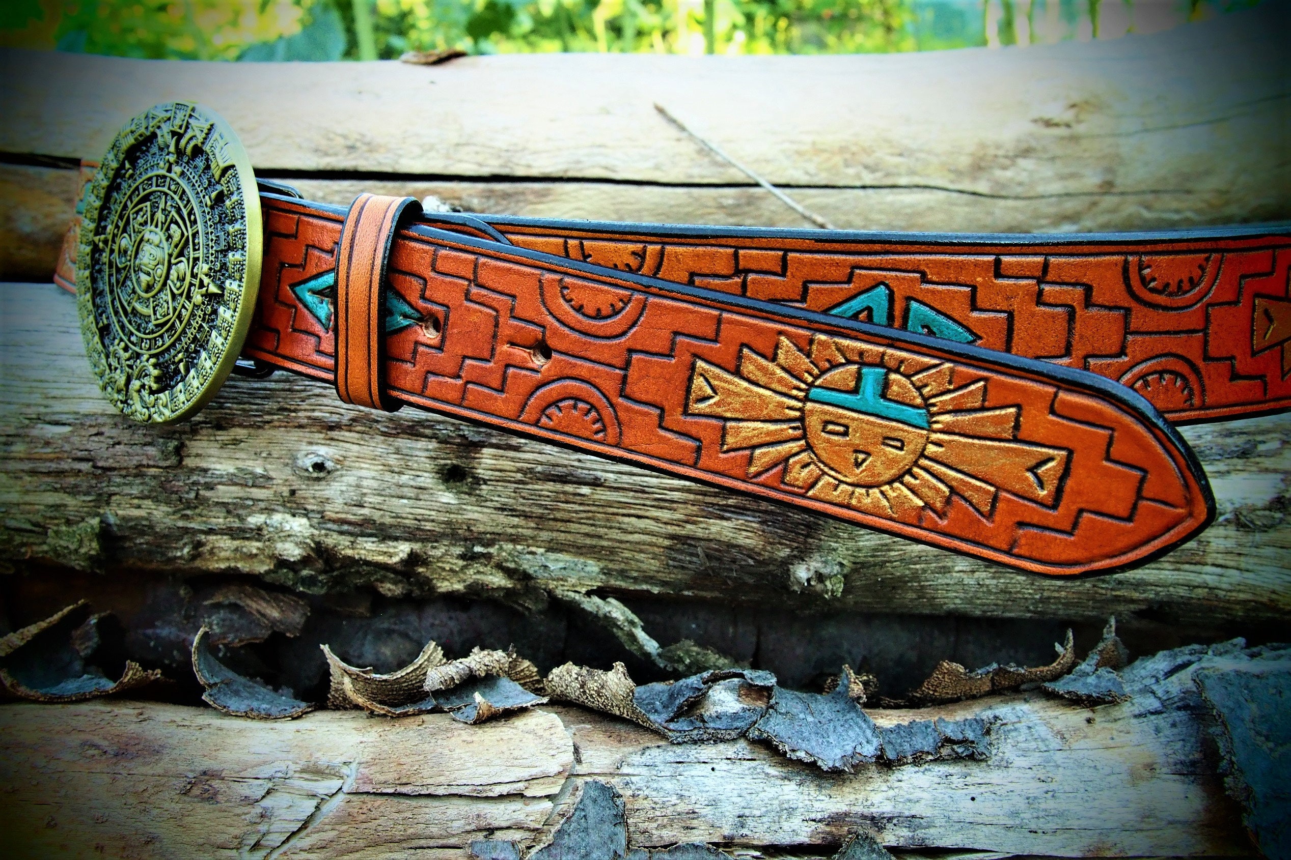 Vintage Leather and textile belt with Aztec/Navajo-design. Aztec Leather Belt - Etsy main image 3